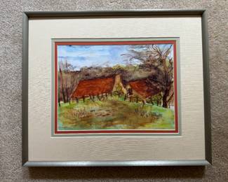 #167 ----	
ARTIST: V. Bruell?
TITLE:	Barn Landscape
MEDIUM:	Framed original watercolor on paper. Signed by the artist on the bottom right.
EDITION:	N/A
FRAMED SIZE: 22"H x 19"W
COA: No