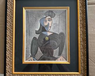 #20 ----	
ARTIST: Pablo Picasso 
TITLE:	Portrait
MEDIUM:	Framed Offset lithograph in colors on wove paper after the original. 
EDITION:	First Edition. Printed in the studio of Cliches Union et Mansat, December 1943. Scarce
CANVAS SIZE: 212mm x 264mm 
COA: Yes