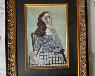 #43 ----	
ARTIST:	Pablo Picasso
TITLE:	Femme Au Corsage Bleu
MEDIUM:	Framed Offset lithograph in colors on wove paper after the original
EDITION:	First Editioni. Printed in the studio of Vliches Union et Mansat, December 1943, Scarce. 
CANVAS SIZE: 182mm x 278mm 
COA: Yes