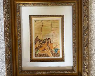 #52 ----	
ARTIST: Jean-Gabriel Domergus
TITLE:	Jeune Femmes Tahitiennes
MEDIUM:	Framed Lithograph with hand coloring in pochoir on wove paper. Signed on the stone by the artist. 
EDITION:	First State, First Printing. Executed in the studio of Daniel Jacomet & Cie of Paris in 1936. Scarce
CANVAS SIZE: 108mm x 159mm 
COA: Yes