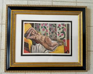 #122 ----	
ARTIST: Henri Matisse
TITLE:	Nu Sur La Chaise Longue Jaune
MEDIUM:	Framed offset lithograph in colors on wove paper after the original
EDITION:	First Edition. Printed in the studio of Cliches Union et Mansat, c. 1940. Scarce.
CANVAS SIZE: 179mm x 267mm
COA: Yes