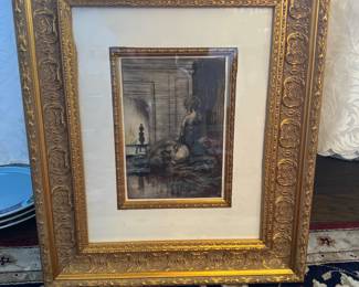 #75 ----	
ARTIST: Louis Icart
TITLE:	By the Fireplace
MEDIUM:	Framed original etching printed in colors on BFK Rives wove paper.
EDITION:	First State, First Printing. Published by Editions Excelsior, Paris in 1926. Scarce
CANVAS SIZE: 155mm x 220mm
COA: Yes
