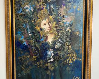 #1 ----	
ARTIST: Florence Comas 
TITLE:	Pensee Lointaine
MEDIUM:	Framed Original oil painting with collage on canvas. Signed by the artist lower right. 
EDITION:	A unique work. Executed by Florence Comas in Paris.
CANVAS SIZE: 590mm x 810mm
COA:	Yes