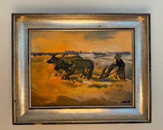 #162 ----	
ARTIST: Unknown
TITLE:	Bull Plow
MEDIUM:	Framed Original oil on canvas. Signed by the artist on the bottom right.
EDITION:	N/A
FRAMED SIZE: 20"W x 16"H
COA: No