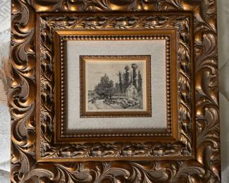 #44 ----	
ARTIST: Camille Pissarro
TITLE:	Route d'Osny, pres Pontoise
MEDIUM:	Framed Etching in black ink on fine watermarked laid paper. Hand pulled from the coper plate executed in Paris. 
EDITION:	Extemely Rare. First Printing, 1973
CANVAS SIZE: 140mm x 160mm
COA: Yes