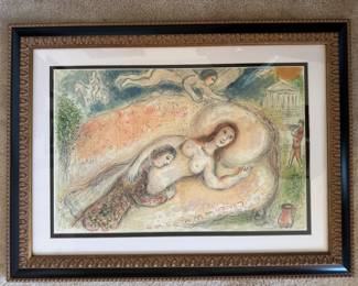 #69 ----	
ARTIST: Marc Chagall
TITLE:	Circe
MEDIUM:	Framed lithograph in color on wove paper after the original. 
EDITION:	Executed by Daco-Verlag Gunter Blasé in Stuttgart Germany c 1985 in a limited edition.
CANVAS SIZE: 376mm x 579mm 
COA:	Yes