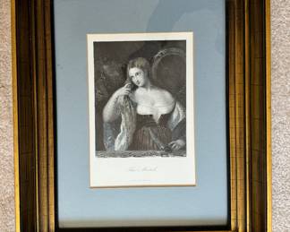 #140 ----	
ARTIST: Titian
TITLE:	The Model - Laura at her Toilet
MEDIUM:	Framed plate engraving. 
EDITION:	n/a
FRAMED SIZE: 16"W x 20"H
COA: No