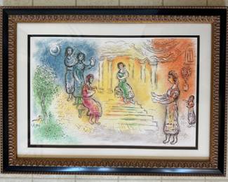 #111 ----	
ARTIST: Marc Chagall
TITLE:	Ulysses at Alcinous' Palace
MEDIUM:	Framed lithograph in color on wove paper after the original.
EDITION:	Executed by Daco-Verlag Gunter Blasé in Stuttgart Germany c. 1985 in a limited edition. 
CANVAS SIZE: 376mm x 579mm 
COA: Yes