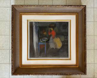 #117 ----	
ARTIST: Pablo Picasso
TITLE:	Femme Devant Le Miroir
MEDIUM:	Framed original lithograph with pochoir in colors on Rives wove paper. Signed by the artist on the stone.
EDITION:	Example 182/500. Published by Au Vents D'Arles in Paris, 1963. Rare. 
CANVAS SIZE: 383mm x 420mm
COA: Yes