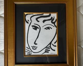 #38 ----	
ARTIST: Henri Matisse
TITLE:	Visage
MEDIUM:	Framed Lithograph in black ink on wove paper after the original. Executed under the supervision of the artist.
EDITION:	First edition. Printed by Draeger Freres in Paris and published in a limited edition by Teriade. 
CANVAS SIZE: 246mm x 326mm
COA: Yes