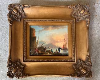 #50 ----	
ARTIST: Michel S.
TITLE:	"Port at Sunset" Reproduction
MEDIUM:	Framed Original Oil on Canvas Reproduction of Charles Grenier "Port at Sunset". Signed by the artist on the bottom right
EDITION:	N/A
FRAMED SIZE: 19"W X 17"H
COA: No