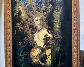 #5 ----	
ARTIST: Florence Comas 
TITLE:	Deesse d'Ispahan
MEDIUM:	Framed Original oil painting with collage on canvas.Signed by the artist lower right.
EDITION:	A unique work. Executed by Florence Comas in Paris.
CANVAS SIZE: 600mm x 810mm 
COA: Yes