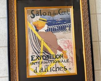 #116 ----	
ARTIST: Henri de Toulouse-Lautrec
TITLE:	Salon Des Cent
MEDIUM:	Framed lithograph printed in colors on wove paper after the original. Signed by the artist on the stone.
EDITION:	Printed on the presses of Mourlot Freres, Paris in 1966. Scarce
CANVAS SIZE: 270mm x 370mm
COA: Yes