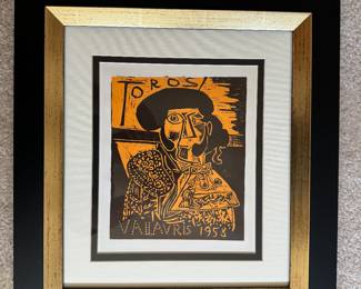 #128 ----	
ARTIST: Pablo Picasso
TITLE:	Toros 1958
MEDIUM:	Framed original lithograph in colors on thick wove paper.
EDITION:	Printed by Mourlot Freres of Paris, 1959. Scarce
CANVAS SIZE: 235mm x 305mm
COA: Yes