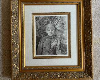 #131 ----	
ARTIST: Henri de Toulouse-Lautrec
TITLE:	La Pierreuse
MEDIUM:	Framed engraving in black ink on Japon paper after the original.
EDITION:	From the edition of 175 examples executed at Imprimerie J. Langlois Paris, July 31, 1926. 
CANVAS SIZE: 200mm x 260mm 
COA: Yes