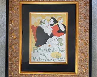 #54 ----	
ARTIST: Henri de Toulouse-Lautrec
TITLE:	Reine De Joie
MEDIUM:	Framed Lithograph with hand coloring in pochoir on papier du Japon after the original.
EDITION:	From the edition of 175 examples executed at Imprimerie J. Langlois Paris, July 31, 1926
CANVAS SIZE: 195mm x 260mm
COA: Yes