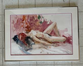 #108 ----	
ARTIST: Ralph Smith
TITLE:	Colorful Nude
MEDIUM:	Framed original watercolor on paper. Signed by the artist on the lower left.
EDITION:	A unique work exectued by the artist in 1980
FRAMED SIZE: 25"W x 18"H
COA: No