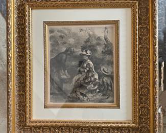 #15 ----	
ARTIST: Pierre Auguster Renoir
TITLE:	Dans La Campagne
MEDIUM:	Framed Original copper plate engraving in black ink on Arches wove paper.
EDITION:	First Edition, One of 375 examples published by Ambroise Vollard and executed by Emile Fequet in Paris on the 15th of December 1919. Scarce
CANVAS SIZE: 250mm x 325mm 
COA:	Yes