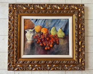 #120 ----	
ARTIST: Andre-Leon Vivrel
TITLE:	Fruits au Pichet
MEDIUM:	Framed original oil painting on canvas. Signed by the artist upper right.
EDITION:	A unique work. Executed by Vivrel c. 1920.
CANVAS SIZE: 330mm x 410mm
COA: Yes