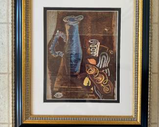 #110 ----	
ARTIST: Georges Braque
TITLE:	Le Vase Bleu
MEDIUM:	Framed offset lithograph in colors on wove paper after the original.
EDITION:	First Edition. Printed in the studio of L'Imprimerie Kapp Vanves, February 1948. .Scarce
CANVAS SIZE: 209mm x 263mm 
COA: Yes