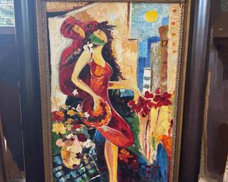 #76 ----	
ARTIST: N/A Possible M. Harold a follower of Itzchak Tarkay
TITLE:	N/A  
MEDIUM:	Framed Original Oil on Canvas
EDITION:	No Signature
CANVAS SIZE: 47-1/2"H x 37"W
COA: No  