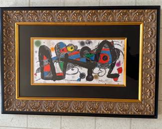 #91 ----	
ARTIST: Joan Miro
TITLE:	Portugal (From the Escultor Suite) Ref; Mourlot 936
MEDIUM:	Framed original lithograph in color on thick Guarro paper. Signed on the stone by the artist.
EDITION:	First State. Printed by Poligrafa in Spain 1974. Scarce
CANVAS SIZE: 200mm x 400mm
COA: Yes