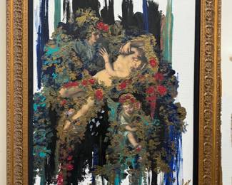 #4 ----	
ARTIST: Florence Comas 
TITLE:	Les Amants
MEDIUM:	Framed Original oil painting with collage on canvas. Signed by the artist lower right.
EDITION:	A unique work. Executed by Florence Comas in Paris.
CANVAS SIZE: 600mm x 810mm 
COA: Yes