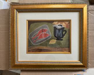 #21 ----	
ARTIST: Georges Braque
TITLE:	Les Rougets
MEDIUM:	Framed Offset lithogaph in colors on wove paper after the original. 
EDITION:	First Edition. Printed in the studio of L'Imprimerie Kapp Vanves, February 1948. Scarce. 
CANVAS SIZE: 206mm x 270mm
COA: Yes