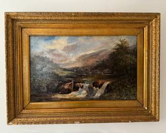 #136 ----	
ARTIST: M.H. Whilfould?
TITLE:	Field with Waterfall Scene
MEDIUM:	Framed original oil on canvas.Signed by the artist on the lower left.
EDITION:	A unique work executed by the artist in 1826.
FRAMED SIZE: 36"W x 26"H
COA: No
