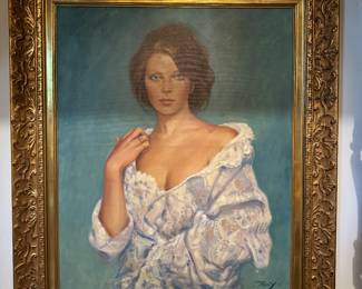 #129 ----	
ARTIST: Prouty?
TITLE:	Portrait of a woman
MEDIUM:	Framed original oil on canvas. Signed by the artist on the lower right.
EDITION:	A unique work executed by the artist.
FRAMED SIZE: 37"H x 31"W
COA: No