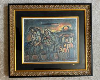#137 ----	
ARTIST: Georges Rouault
TITLE:	Exode, Dit Aussi
MEDIUM:	Framed lithograph in colors on thick wove paper after the original. Executed under the supervision of Isabelle Rouault.
EDITION:	From the first edition printed in Italy c.1975. Scarce
CANVAS SIZE: 264mm x 333mm
COA: Yes