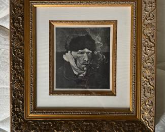 #35 ----	
ARTIST: Vincent Van Gogh
TITLE:	Self Portait w A Pipe
MEDIUM:	Framed Copper Plate engraving printed in black ink on wove paper after the original. 
EDITION:	Printed in London e. 1920. Scarce
CANVAS SIZE: 104mm x 140mm
COA: Yes