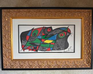 #53 ----	
ARTIST: Joan Miro
TITLE:	Schweden (From the Escultor Suite) Ref; Mourlot 936
MEDIUM:	Framed original lithograph in color on thick Guarro paper. Signed on the stone by the artist.
EDITION:	First State. Printed by Poligrafa in Spain 1974. Scarce
CANVAS SIZE: 200mm x 400mm
COA: Yes