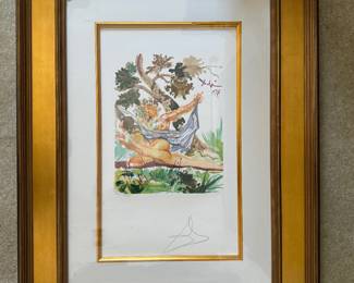 #62 ----	
ARTIST: Salvador Dali
TITLE:	Infidele epouse de Menelas Ref; Field 79-20, ML 1526
MEDIUM:	Framed woodcut engraving printed in colors on Velin d'Arches wove paper. Hand signed and numbered by the artist in the lower margin.
EDITION:	Example 117/144 Published by Chevallier & Navarre in Paris, 1979. Extremely Rare
CANVAS SIZE: 380mm x 560mm 
COA: Yes