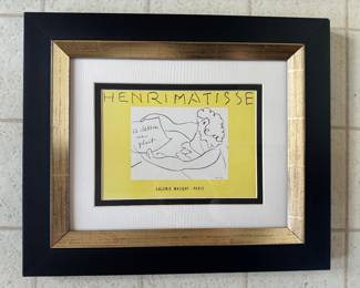 #115 ----	
ARTIST: Henri Matisse
TITLE:	Exposition De Dessins
MEDIUM:	Framed original lithograph in colors on thick wove paper.
EDITION:	Printed by Mourlot Freres of Paris, 1959. Scarce
CANVAS SIZE: 235mm x 305mm
COA: Yes