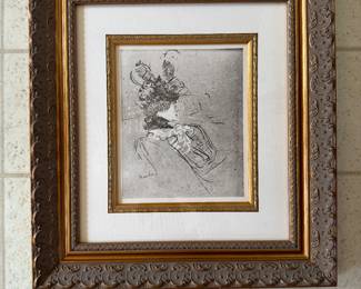 #99 ----	
ARTIST: Henri de Toulouse-Lautrec
TITLE:	Tete De Profil
MEDIUM:	Framed Engraving in black ink on Japon paper after the original. 
EDITION:	From the edeition of 175 examples executed at Imprimerie J. Langlois Paris, July 31, 1926
CANVAS SIZE: 200mm x 260mm
COA: Yes