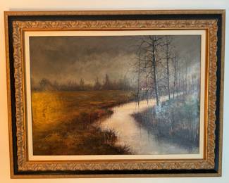 #158 ----	
ARTIST: Michel Girard
TITLE:	DMG Sur les Bords de la Risle
MEDIUM:	Framed Original oil painting on canvas. Signed by the artist lower left
EDITION:	A unique work. Executed by Girard in his studio.
CANVAS SIZE: 650mm x 920mm
COA: Yes