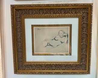 #8 ----	
ARTIST: Pablo Picasso
TITLE:	Femme Nue Couchee
MEDIUM:	Framed Lithograph on Arches watermarked paper.
EDITION:	From the very rare first state. One of only 100 examples printed in Paris 1926.
CANVAS SIZE: 200mm x 256mm
COA: Yes