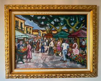 #95 ----	
ARTIST: Dominique Leca
TITLE:	Marche Provencal
MEDIUM:	Framed original oil painting on board. Singed by the artist lower left. Countersigned and titled on the verso.
EDITION:	A unique work. Executed by Leca c.20th century.
CANVAS SIZE: 600mm x 800mm
COA: Yes