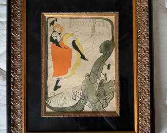 #48 ----	
ARTIST: Henri de Toulouse-Lautrec 
TITLE:	Jane Avril
MEDIUM:	Framed Lithograph with hand coloring in pochoir on paier du Japon after the original. 
EDITION:	From the edition of 175 examples executed at Imrimerie J\. Langlois F\Paris\, July 31, 1926
CANVAS SIZE: 195mm x 260mm
COA: Yes
