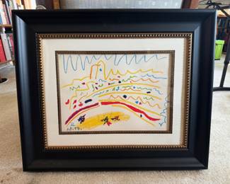 #73 ----	
ARTIST: Pablo Picasso
TITLE:	La Corrida Ref; Cramer 112
MEDIUM:	Framed lithograph in colors on wove paper after the original.
EDITION:	First State, First Printing. The plate executed in the studio of Fernand Mourlot and published in a limited edition by Cercle d'Art Paris 1961. 
CANVAS SIZE: 270mm x 374mm
COA: Yes