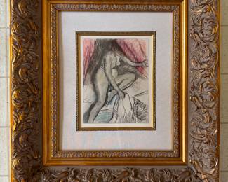 #121 ----	
ARTIST: Edgar Degas
TITLE:	Nu Assis Sur Le Lit
MEDIUM:	Framed Hand colored engraving on watermarked B.F.K. Rives wove paper. Signed on the plate.
EDITION:	First Edition. Printed and colored in Paris, 1936. Extremely Rare. 
CANVAS SIZE: 210mm x 275mm
COA: Yes