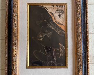 #87 ----	
ARTIST: Paul Gauguin
TITLE:	Te Faruru Ref; Manet to Hockney 15; Skira 129; Carteret IV, 175; Casleman pp.82-83
MEDIUM:	Framed Collotype in color on thin laid paper after the woodcut. Executed by Ganymed in Berlin from the design of Paul Gauguin. 
EDITION:	Very scarce. One of only 100 examples. Conceived in 1895-6 during Gauguin's second voyage to Tahiti and before moving to Hiva Oa. Executed under the direction of M. Meier-Graefe and Marees-Gesellschaft for the French edition of Noa Noa 1926.
CANVAS SIZE: 189mm x 301mm
COA: Yes