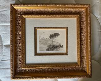 #31 ----	
ARTIST: Claude Monet
TITLE:	Eglise De Varangeville
MEDIUM:	Framed Original etching printed in dark olive on watermarked Arches laid paper. Hard pulled from the copper plate executed by Lauzet of Paris in 1891.
EDITION:	Extremely Rare. First State, First Printing. Published in a ver small experimental edition by Lecomte, 1892. 
CANVAS SIZE: 125mm x 150mm
COA: Yes