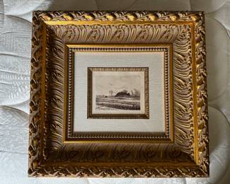 #33 ----	
ARTIST: Claude Monet
TITLE:	Champ De Tulipes En Hollande
MEDIUM:	Framed Original etching printed in Aubergine ink on watermarked Archesd laid paper. Hand pulled frome the copper plate executed by Lauzet of Paris in 1891.
EDITION:	Extremely Rare. First State, First Pritning. Published in a very small experimental edition by Lecomte, 1892. 
CANVAS SIZE: 120mm x 150mm
COA: Yes