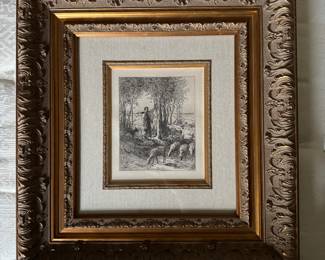 #42 ----	
ARTIST: Jean Francois Millet
TITLE:	Petite Bergerie
MEDIUM:	Framed Etching in black ink on fine watermarked laid pape. Hand pulled frome the copper plate executed in Paris.
EDITION:	Exteremely Rare. First Printing, 1873
CANVAS SIZE: 140mmx 160mm
COA: Yes