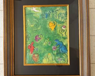 #109 ----	
ARTIST: Marc Chagall
TITLE:	The Grape Harvest
MEDIUM:	Framed lithograph printed in seven colors on wove paper after the original.
EDITION:	Published by George Braziller in New York, 1977
CANVAS SIZE: 235mm x 320mm 
COA: Yes