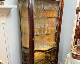 French Louis XV Style 1 Door Curio Cabinet with Hand Painted Lower Base Motif (33"W x 67"H x 13"D)