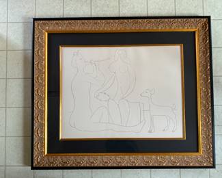 #80 ----	
ARTIST: Pablo Picasso
TITLE:	Nymphe et Faune
MEDIUM:	Framed lithograph in black ink on watermarked Velin d'Arches wove paper.
EDITION:	Estremely Rare. Executed in the studio of Daniel Jacomet and published by Au Pont Des Arts in Paris, 1958.
CANVAS SIZE: 505mm x 660mm
COA: Yes