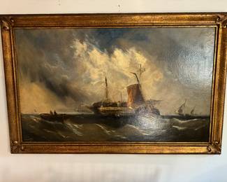 #143 ----	
ARTIST: James Wells?
TITLE:	Sea Scene
MEDIUM:	Framed original oil on canvas. Signed by the artist on lower left.
EDITION:	1886?
FRAMED SIZE: 56"W x 36"H
COA: No